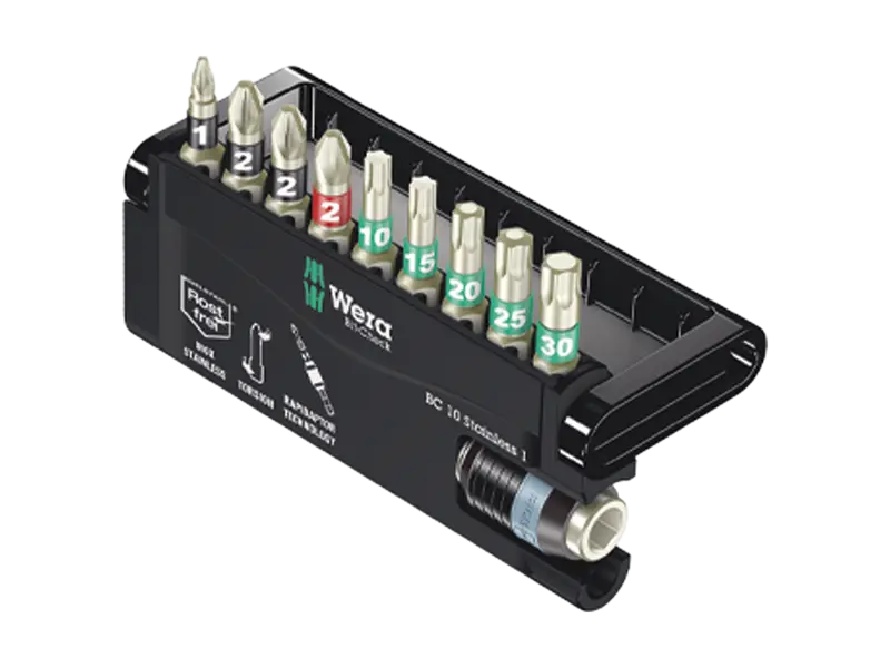 Image du produit de Wera Bit-Check 10 Stainless 1 TX PZ PH - Assortiment d'embouts de tournevis 1/4" pour vis à six lobes internes Torx®, Pozidriv, Phillips 25mm