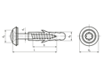 Dessin technique avec dimensions de Vis pour façades à tête fraisée bombée à six lobes internes, cuvette et rondelle d'étanchéité avec cheville nylon prémontée