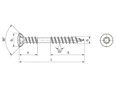 Dessin technique avec dimensions de SPAX® - Vis pour façades à tête fraisée bombée tête réduite, filetage de fixation, nervures de fraisage, six lobes internes T-STAR plus avec pointe 4CUT