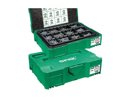 Imagen del producto de SPAX® T-Loc I - Maletín con surtido de tornillos avellanados para paneles de aglomerado con hueco hexalobular T-STAR plus totalmente / pacialmente roscados con punta 4CUT