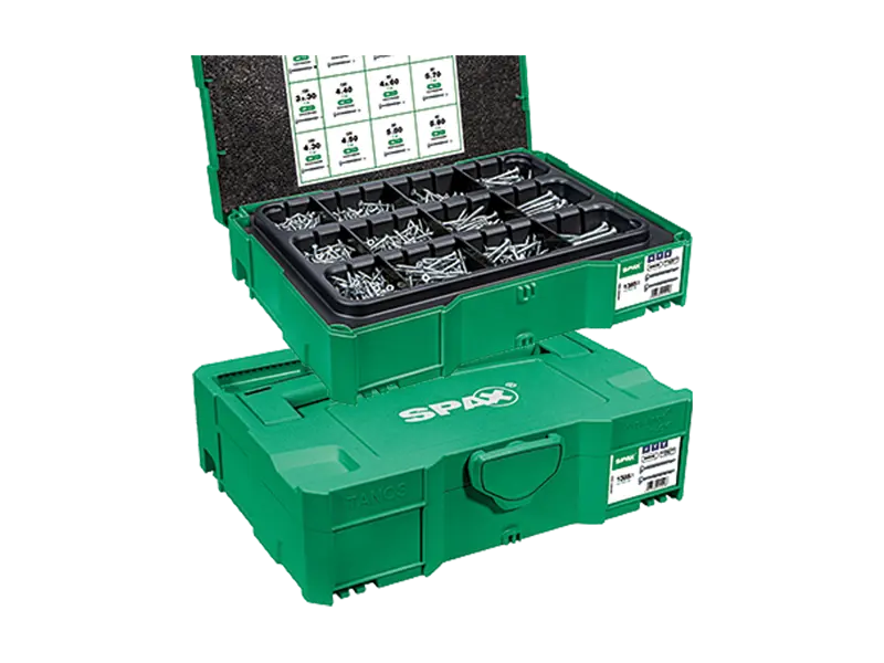 Imagen del producto de SPAX® T-Loc I - Maletín con surtido de tornillos avellanados para paneles de aglomerado con hueco hexalobular T-STAR plus totalmente / pacialmente roscados con punta 4CUT