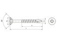 Dessin technique avec dimensions de SPAX® - Vis à tête fraisée bombée pour façades en bois partiellement filetées, nervures de fraisage et six lobes internes T-STAR plus avec pointe CUT