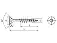 Technische Zeichnung mit Maßen von SPAX® - Senkkopf-Spanplattenschraube, magaziniert im Coil-System mit Teilgewinde und Innensechsrund T-STAR plus mit 4CUT-Spitze
