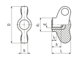 Dibujo técnico con dimensiones de ELESA® CWN-B - Tuercas mariposa con casquillo de latón y agujero roscado ciego