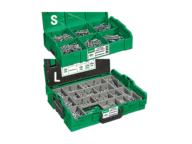 Image du produit de SPAX® L-BOXX - Mallette de montage de vis à tête fraisée pour panneaux d'agglomérés à six lobes internes T-STAR plus entièrement / partiellement filetées avec pointe 4CUT