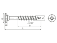 Dessin technique avec dimensions de SPAX® FEX-H - Vis à tête fraisée pour fixation de ferrures partiellement filetées, crans de freinage et six lobes internes T-STAR plus avec pointe 4CUT