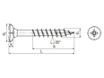 Technical drawing with dimensions of SPAX® FEX-H - Pozi flat countersunk head window screws partially threaded, restraining ribs, form Z with 4CUT point
