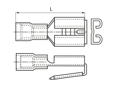 Technical drawing with dimensions of Female push on terminals, piggyback connectors with PA-insulation