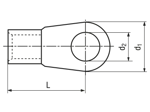 Dibujo técnico con dimensiones de Terminales de cable a presión sin aislamiento, tipo anillo