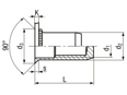 Technical drawing with dimensions of TUBTARA® UFX KN / SFX KN - Blind rivet nuts countersunk head with knurl, shank with improved knurl, closed end