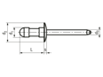 Rysunek techniczny z wymiarami AVDEL® Avex® 1624 - Nity zrywalne Multigrip z łbem płaskim