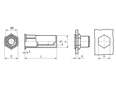 Technical drawing with dimensions of FASTEKS® FILKO HUC/FEKSG - Blind rivet nuts small countersunk head, semi-hexagonal shank, closed end