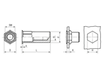 Technical drawing with dimensions of FASTEKS® FILKO HUC/FEKSG - Blind rivet nuts small countersunk head, semi-hexagonal shank, closed end