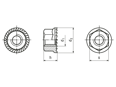 Technical drawing with dimensions of Hex nuts with flange and serrations