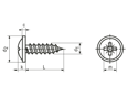 Dessin technique avec dimensions de Vis à tôle à tête cylindrique bombée à embase avec empreinte cruciforme Pozidriv forme Z et à bout pointu forme C