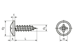 Disegno tecnico con quote di Viti autofilettanti a testa larga bombata con bordino, impronta a croce Pozidriv Z e punta conica forma C