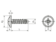 Disegno tecnico con quote di Viti autofilettanti a testa larga bombata con bordino, impronta a croce Pozidriv Z e punta piana forma F