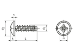 Dessin technique avec dimensions de Vis à tôle à tête cylindrique bombée à embase avec empreinte cruciforme Pozidriv forme Z et à bout plat forme F