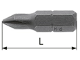 Teknisk tegning med mål af Skruetrækkerbits 1/4" til skruer med Phillips krydskærv, kort udførelse