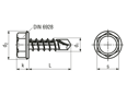 Dibujo técnico con dimensiones de Tornillos autotaladrantes con cabeza hexagonal tipo K, sin arandela de estanqueidad