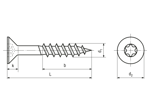 Dessin technique avec dimensions de Vis à tête fraisée pour panneaux d'agglomérés avec tête renforcée, partiellement filetées à six lobes internes