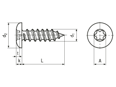 Dessin technique avec dimensions de Vis à tôle à tête cylindrique bombée à six lobes internes et à bout pointu forme C