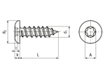 Disegno tecnico con quote di Viti autofilettanti a testa bombata con cava esalobata e punta conica forma C