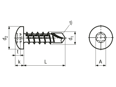 Dessin technique avec dimensions de Vis autoperceuses à tête cylindrique bombée à six lobes internes