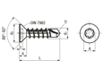 Dessin technique avec dimensions de Vis autoperceuses à tête fraisée à six lobes internes