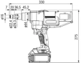 Technical drawing with dimensions of STANLEY® Assembly Technologies ProSet® PB3400-QW1822 - Battery-Powered Blind Rivet Tool in plastic carry case fully equipped