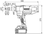 Technische Zeichnung mit Maßen von STANLEY® Assembly Technologies ProSet® PB3400-QW1822 - Akku-Nietpistole in Kunststoffkoffer komplett ausgerüstet