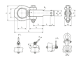 Disegno tecnico con quote di HALDER EH 22350. - Perni di supporto a sfera autobloccanti, con staffa mobile