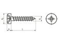 Dibujo técnico con dimensiones de Tornillos para aglomerado de cabeza cilíndrica redondeada con hueco cruciforme Pozidriv forma Z