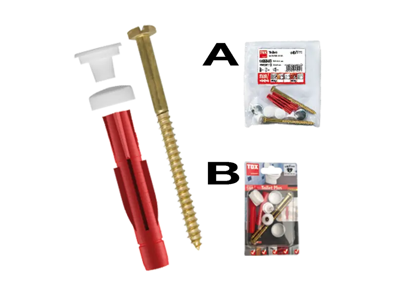 Product image of TOX Toilet Plus - Sanitary fixing set with all-purpose wall plugs, hex head wood screws, washers and chrome-plated cover caps