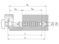Technical drawing with dimensions of TOX Toilet Plus - Sanitary fixing set with all-purpose wall plugs, hex head wood screws, washers and chrome-plated cover caps