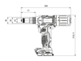 Dibujo técnico con dimensiones de DEWALT® DCF403-2XR-QW - Remachadora eléctrica con batería en T STAK™-kitbox, totalmente equipado