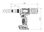 Technische Zeichnung mit Maßen von DEWALT® DCF414-2PS-QW - Akku-Nietwerkzeug in T STAK™-Kitbox, komplett ausgerüstet