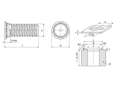 Technische Zeichnung mit Maßen von PEM® FH4 - Einpressgewindebolzen mit UNF Gewinde, für INOX und metallische Werkstoffe