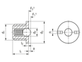 Technical drawing with dimensions of HALDER EH 22075. - Spring plungers with collar and ball, front slot standard spring pressure