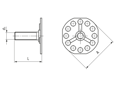 Disegno tecnico con quote di bigHead® SM1/B38A - Fissaggio con tiranti filettati testa tonda con spigoli arrotondati Ø 38 mm