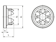Technical drawing with dimensions of MM WELDING® LiteWWeight® Lotus Standard - Fastener for ultrasonic welding for fixation in fibrous materials mainly high-density materials