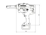 Technische Zeichnung mit Maßen von STANLEY® Assembly Technologies LB45PT-70-QW5492 - Akku-Werkzeug für Schliessringbolzen