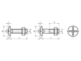 Dibujo técnico con dimensiones de Tornillos de cabeza abombada ranurada con ranura y tuerca hexagonal, totalmente / parcialmente roscado
