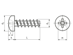 Dibujo técnico con dimensiones de ecosyn® plast - Tornillos con cabeza cilíndrica redondeada con hueco cruciforme Pozidriv forma Z