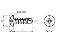 Dessin technique avec dimensions de Vis autoperceuses à tête cylindrique bombée avec empreinte cruciforme Pozidriv forme Z
