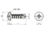 Technical drawing with dimensions of Pozi pan head self-drilling screws form Z