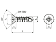 Dessin technique avec dimensions de Vis autoperceuses à tête fraisée avec empreinte cruciforme Pozidriv forme Z